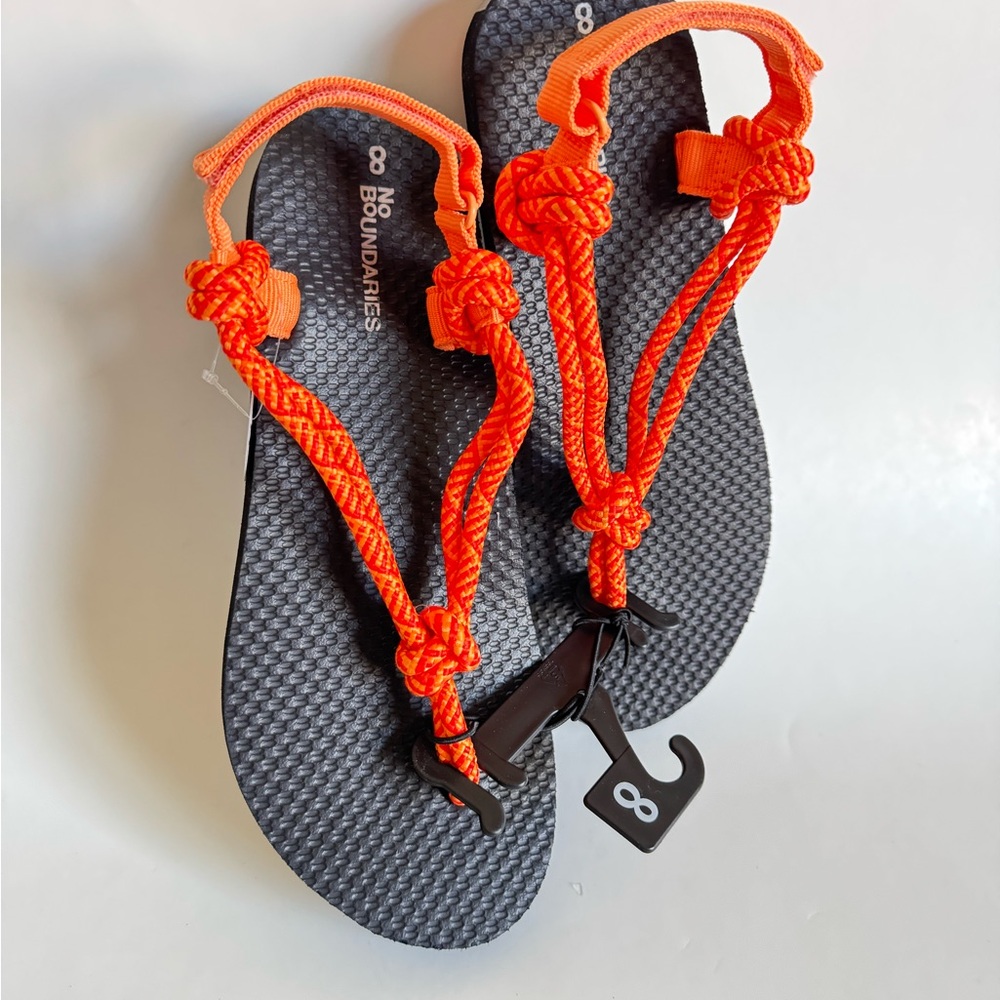 No Boundaries Black Sandals with Bright Orange Rope Straps